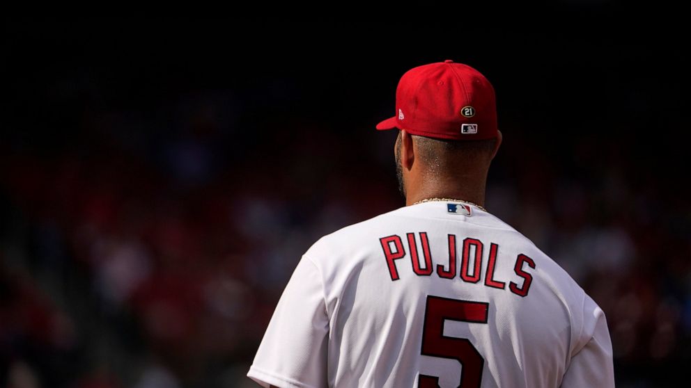 St. Louis Cardinals first baseman Albert Pujols takes up his position during the second inning of a baseball game against the Washington Nationals Monday, Sept. 5, 2022, in St. Louis. (AP Photo/Jeff Roberson)