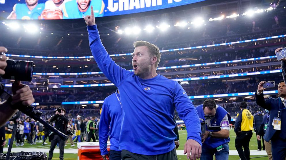 Los Angeles Rams head coach Sean McVay celebrates after the NFC Championship NFL football game against the San Francisco 49ers Sunday, Jan. 30, 2022, in Inglewood, Calif. The Rams won 20-17 to advance to the Super Bowl. (AP Photo/Marcio Jose Sanchez)