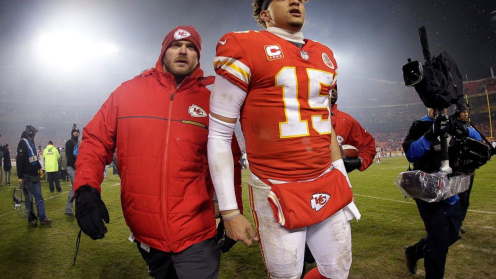 Kansas City Chiefs quarterback Patrick Mahomes (15) walks off the field after an NFL divisional football playoff game against the Indianapolis Colts Saturday, Jan. 12, 2019, in Kansas City, Mo. The Chiefs won 31-13. (AP Photo/Charlie Riedel)