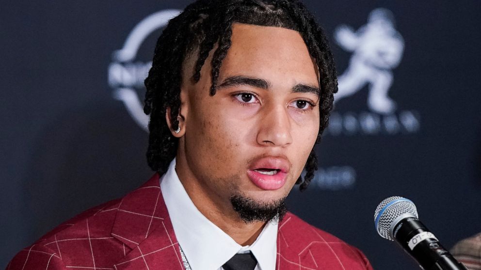 Heisman trophy finalist, Ohio State quarterback C.J. Stroud speaks during an NCAA college football news conference before attending the award ceremony, Saturday, Dec. 10, 2022, in New York. (AP Photo/Eduardo Munoz Alvarez)