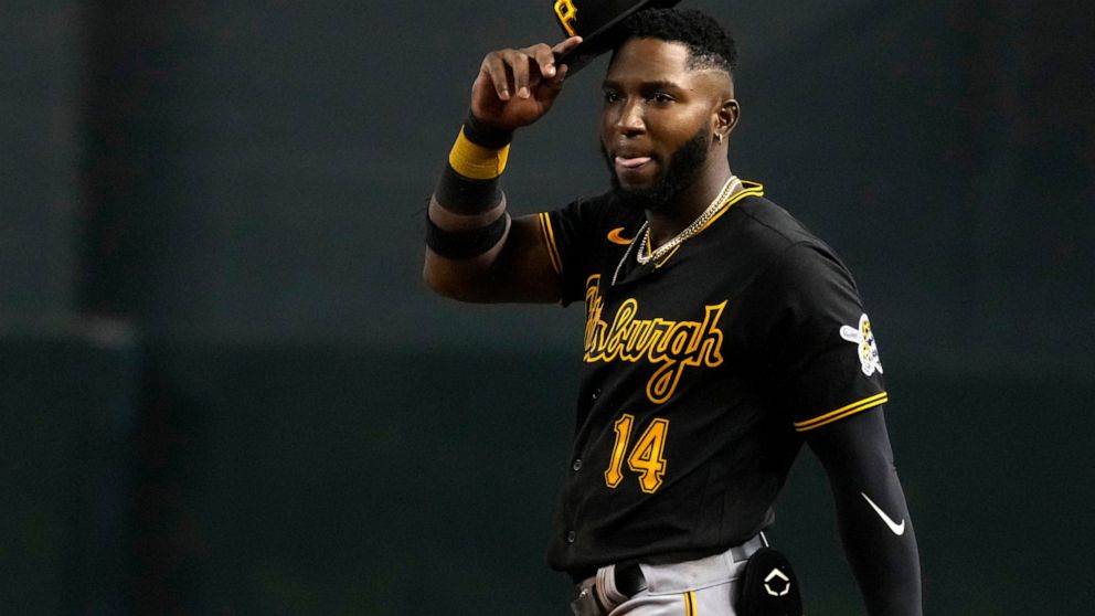 Pittsburgh Pirates' Rodolfo Castro reacts after making the last out against the Arizona Diamondbacks in the eighth inning of a baseball game, Tuesday, Aug. 9, 2022, in Phoenix. Called up from Triple-A Indianapolis before the game, Castro slid headfir