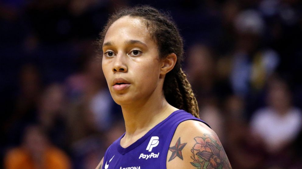 FILE - Phoenix Mercury center Brittney Griner pauses on the court during the second half of a WNBA basketball game against the Seattle Storm, Sept. 3, 2019, in Phoenix. The Biden administration has determined that Griner is being wrongfully detained 