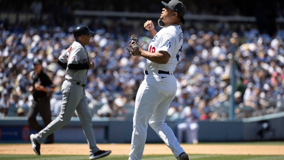 Los Angeles Dodgers relief pitcher Brusdar Graterol reacts after getting the third out during the sixth inning of a baseball game against the Cleveland Guardians in Los Angeles, Sunday, June 19, 2022. (AP Photo/Kyusung Gong)