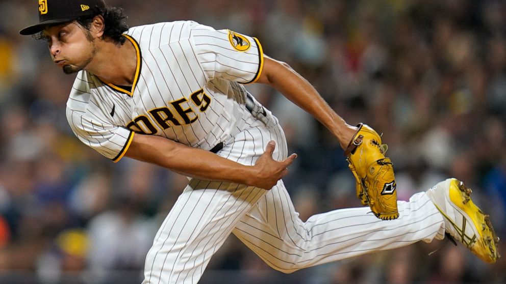 San Diego Padres starting pitcher Yu Darvish works against a New York Mets batter during the seventh inning of a baseball game Tuesday, June 7, 2022, in San Diego. (AP Photo/Gregory Bull)