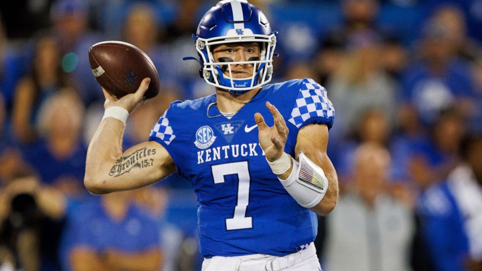 Kentucky quarterback Will Levis (7) throws a pass during the first half of an NCAA college football game against Northern Illinois in Lexington, Ky., Saturday, Sept. 24, 2022. (AP Photo/Michael Clubb)