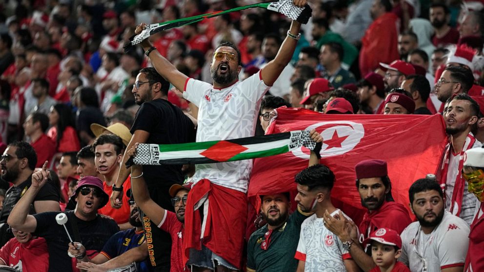 A fan holds a flag of Palestine as he cheers for the national team of Tunisia during the World Cup group D soccer match between Denmark and Tunisia, at the Education City Stadium in Al Rayyan, Qatar, Tuesday, Nov. 22, 2022. (AP Photo/Ariel Schalit)