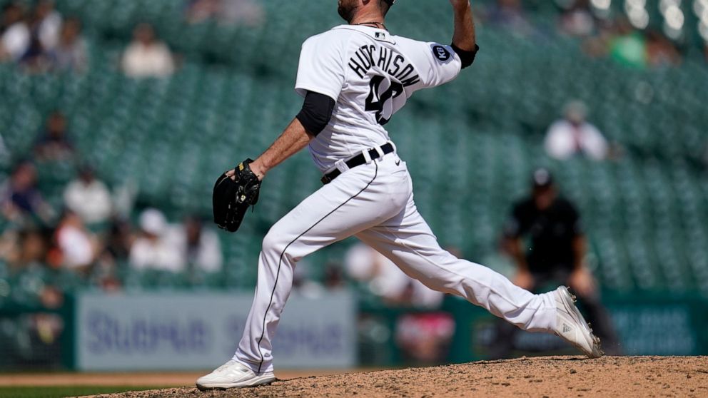 Detroit Tigers relief pitcher Drew Hutchison throws against the Oakland Athletics in the ninth inning of a baseball game in Detroit, Tuesday, May 10, 2022. (AP Photo/Paul Sancya)