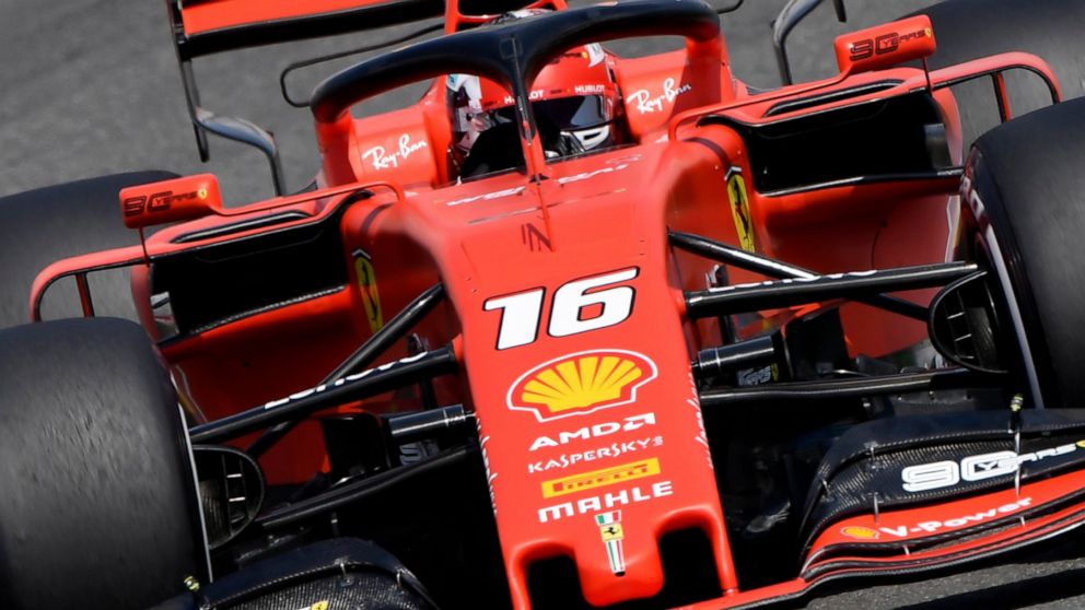 Ferrari driver Charles Leclerc of Monaco steers his car during the second Formula One practice session at the Hockenheimring racetrack in Hockenheim, Germany, Friday, July 26, 2019. The German Formula One Grand Prix will be held on Sunday. (AP Photo/
