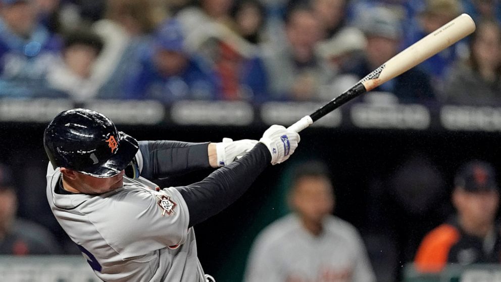 Detroit Tigers' Spencer Torkelson hits a two-run home run during the seventh inning of a baseball game against the Kansas City Royals Friday, April 15, 2022, in Kansas City, Mo. (AP Photo/Charlie Riedel)