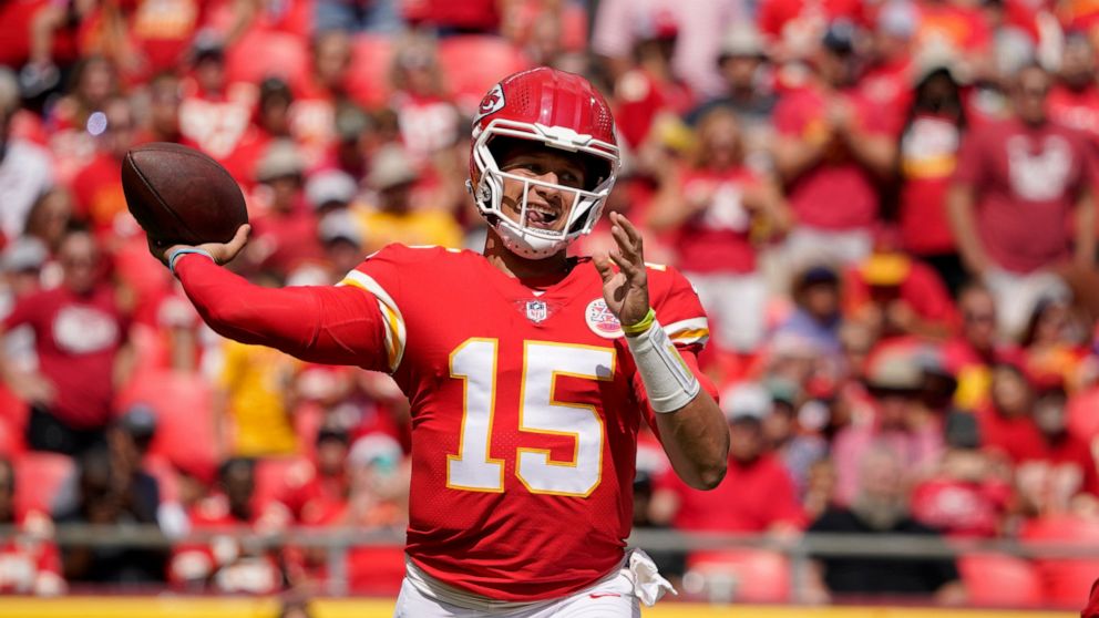 Kansas City Chiefs quarterback Patrick Mahomes throws during the first half of an NFL preseason football game against the Washington Commanders Saturday, Aug. 20, 2022, in Kansas City, Mo. (AP Photo/Ed Zurga)