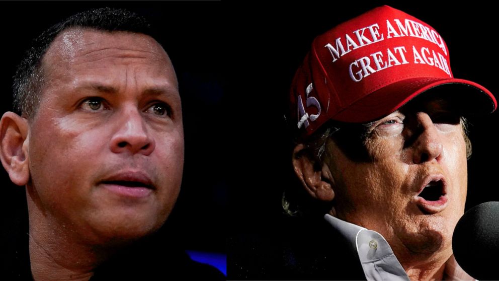This photo combo shows former slugger Alex Rodriguez, left, and former President Donald Trump. Rodriguez, once vilified by Donald Trump as a “druggie” and “joke” unworthy of wearing the pinstripes, is now a key part of an investment group seeking to 