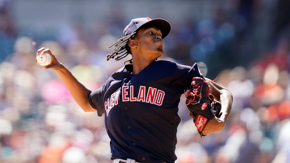 Cleveland Indians starting pitcher Triston McKenzie throws during the fourth inning of a baseball game against the Detroit Tigers, Sunday, Aug. 15, 2021, in Detroit. (AP Photo/Carlos Osorio)
