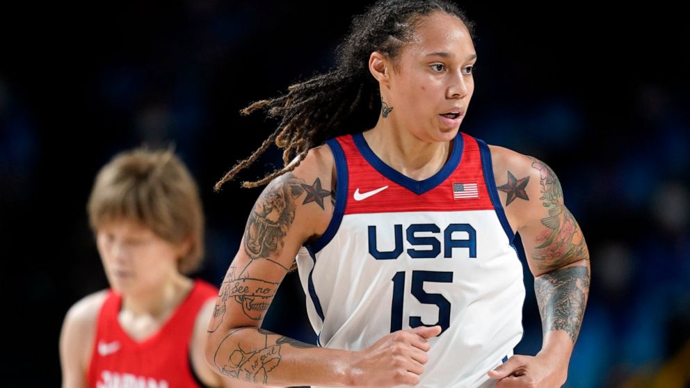 FILE - Brittney Griner (15) runs up court during women's basketball gold medal game against Japan at the 2020 Summer Olympics on Aug. 8, 2021, in Saitama, Japan. Russia has freed WNBA star Brittney Griner in a dramatic high-level prisoner exchange, w