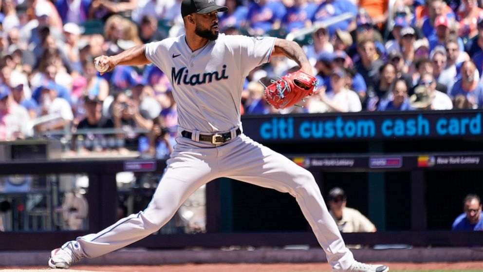 Miami Marlins pitcher Sandy Alcantara delivers against the New York Mets during the first inning of a baseball game, Sunday, July 10, 2022, in New York. (AP Photo/Mary Altaffer)