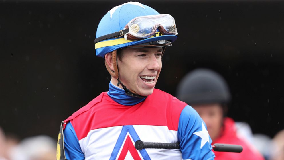 FILE - In this May 4, 2019, file photo, jockey Tyler Gaffalione is shown at Churchill Downs in Louisville, Ky. Gaffalione at 24 has become horse racing’s rising star jockey after winning the Preakness and can add to his already impressive resume in t