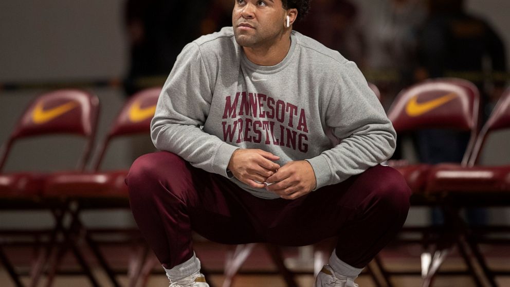 Gable Steveson warms up before wrestling in an NCAA Big Ten tournament in Minneapolis, Minn, Sunday, Jan. 6, 2019. Nationally-ranked University of Minnesota heavyweight wrestler Gable Steveson and a teammate have been arrested on suspicion of crimina