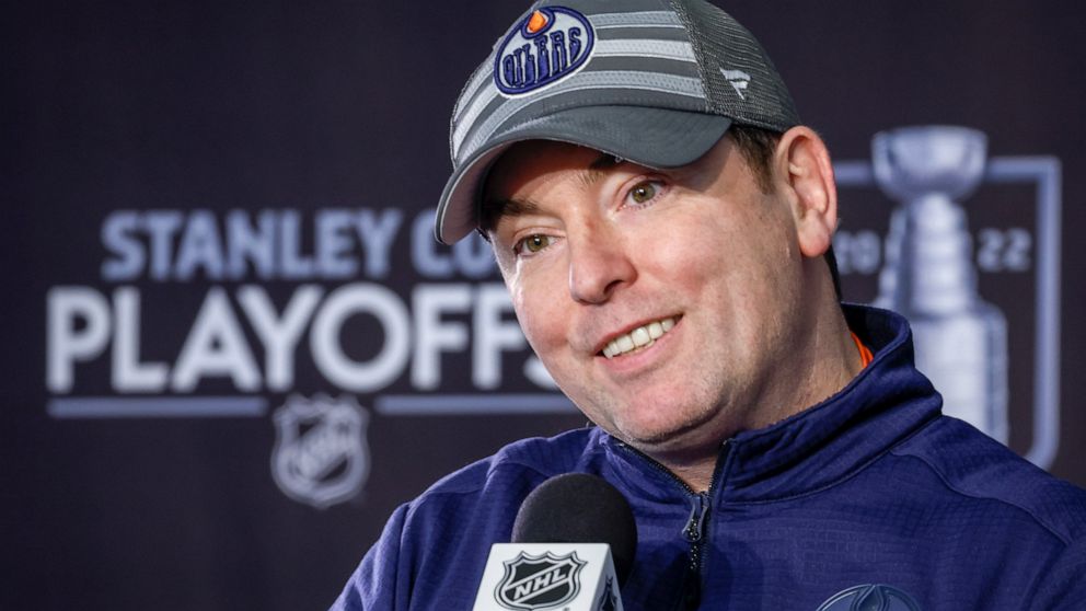 Edmonton Oilers head coach Jay Woodcroft speaks at a media availability in Edmonton, Alberta, Monday, May 23, 2022. (Jeff McIntosh/The Canadian Press via AP)