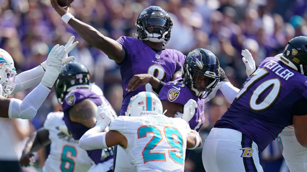 Baltimore Ravens quarterback Lamar Jackson (8) aims a pass during the first half of an NFL football game against the Miami Dolphins, Sunday, Sept. 18, 2022, in Baltimore. (AP Photo/Julio Cortez)