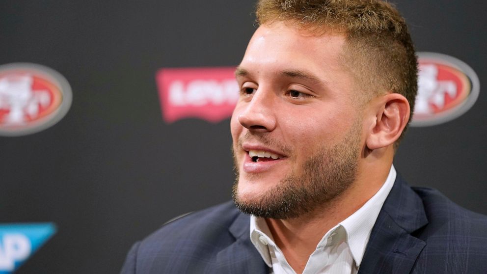 San Francisco 49ers first-round pick Nick Bosa answers questions during an NFL football news conference Friday, April 26, 2019, in Santa Clara, Calif. (AP Photo/Tony Avelar )