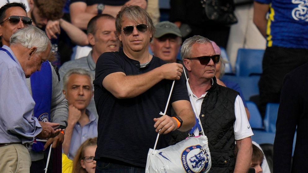 American businessman Todd Boehly attends the English Premier League soccer match between Chelsea and Watford at Stamford Bridge stadium in London, Sunday, May 22, 2022.(AP Photo/Alastair Grant)