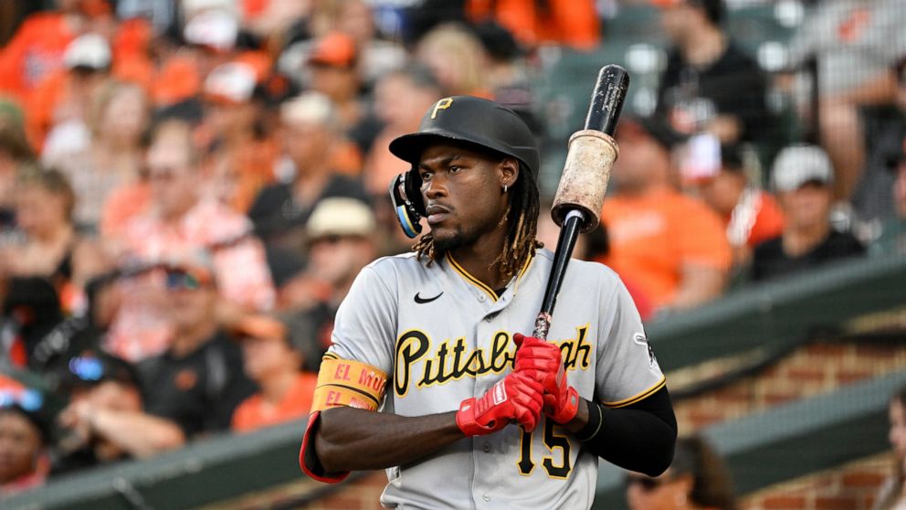 FILE - Pittsburgh Pirates' Oneil Cruz looks on from the on deck circle during a baseball game against the Baltimore Orioles on Aug 6, 2022, in Baltimore. Cruz recorded the hardest-hit ball since Major League Baseball began recording exit velocity on 