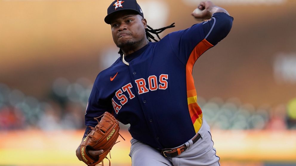Houston Astros pitcher Framber Valdez throws against the Detroit Tigers in the first inning of a baseball game in Detroit, Monday, Sept. 12, 2022. (AP Photo/Paul Sancya)