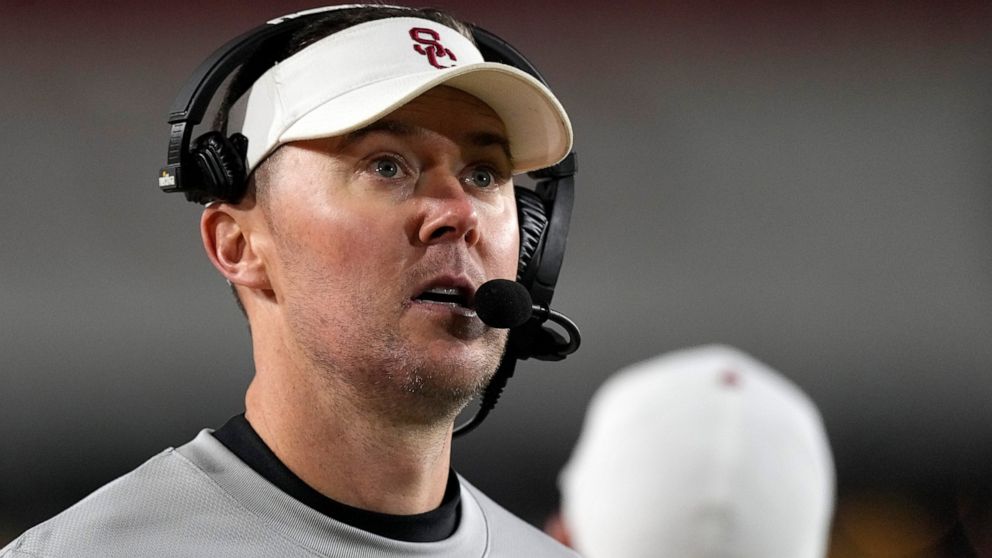 Southern California head coach Lincoln Riley stands on the sideline during the second half of an NCAA college football game against Notre Dame Saturday, Nov. 26, 2022, in Los Angeles. (AP Photo/Mark J. Terrill)