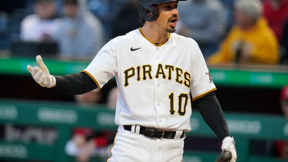 FILE - Pittsburgh Pirates' Bryan Reynolds disagrees with a called third strike during the first inning of a baseball game against the Cincinnati Reds in Pittsburgh, on Sept. 27, 2022. Reynolds has requested a trade ahead of baseball's winter meetings