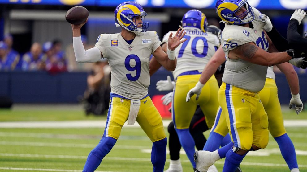 Los Angeles Rams quarterback Matthew Stafford throws a pass during the second half of an NFL football game against the Atlanta Falcons, Sunday, Sept. 18, 2022, in Inglewood, Calif. (AP Photo/Mark J. Terrill)