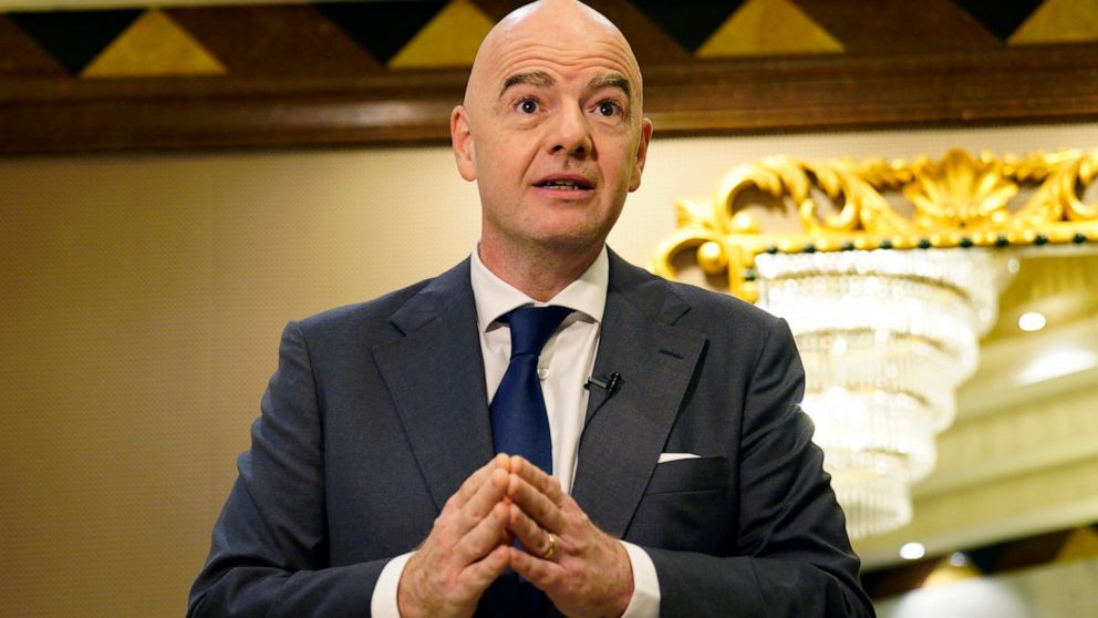FILE - FIFA President Gianni Infantino speaks during an interview conducted with The Associated Press in Doha, Qatar, March 29, 2022. Infantino said migrant workers gain pride from hard work when he was questioned on Monday, May 2, 2022, about worker