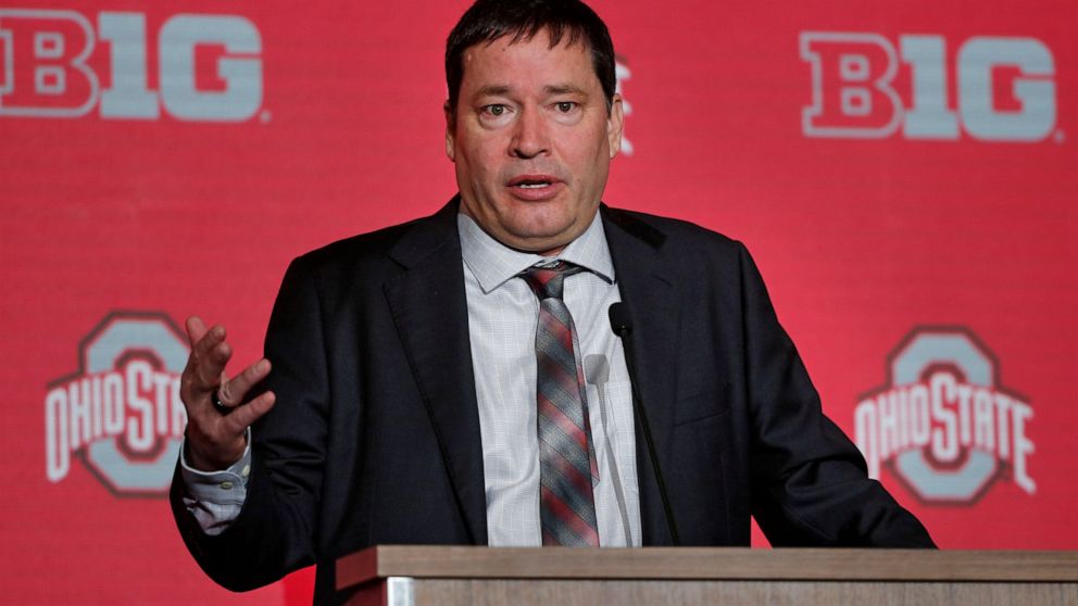 FILE - Ohio State women's head coach Kevin McGuff speaks during Big Ten NCAA college basketball Media Days Wednesday, Oct. 12, 2022, in Minneapolis. The NCAA is allowing teams to play and practice on election day after making it a mandatory off day t