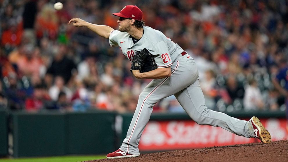 Philadelphia Phillies starting pitcher Aaron Nola throws against the Houston Astros during the fifth inning of a baseball game Monday, Oct. 3, 2022, in Houston. (AP Photo/David J. Phillip)