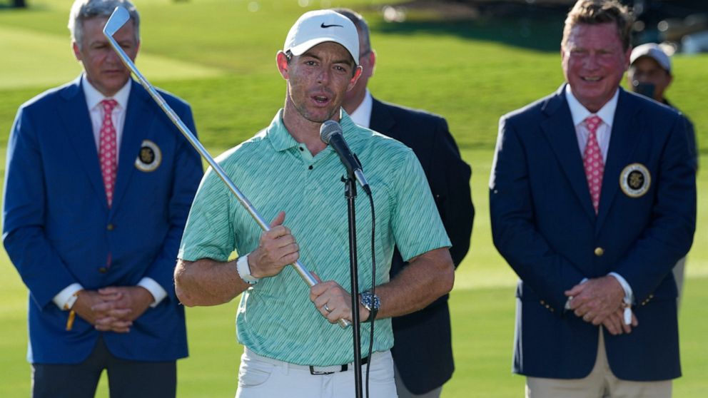 Rory McIlroy, of Northern Ireland, speaks after winning the final round of the Tour Championship golf tournament at East Lake Golf Club, Sunday, Aug. 28, 2022, in Atlanta. (AP Photo/Steve Helber)
