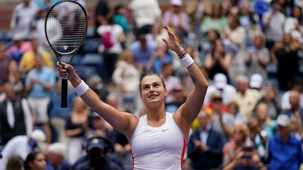 Aryna Sabalenka, of Belarus, reacts after defeating Karolina Pliskova, of the Czech Republic, during the quarterfinals of the U.S. Open tennis championships, Wednesday, Sept. 7, 2022, in New York. (AP Photo/Seth Wenig)