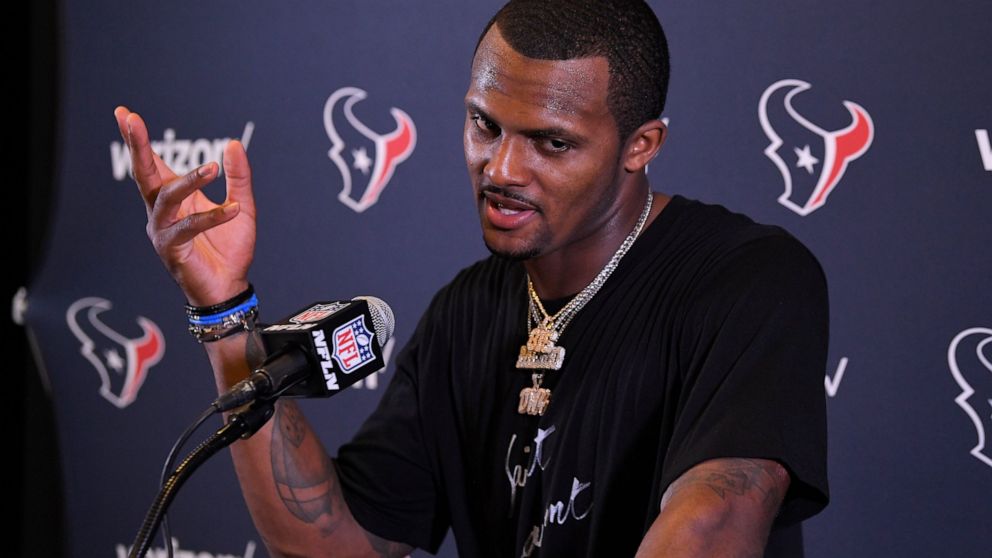 FILE - Houston Texans quarterback Deshaun Watson speaks during a news conference after an NFL football game against the Los Angeles Chargers, Sunday, Sept. 22, 2019, in Carson, Calif. The Houston Texans had been told that their former quarterback Des