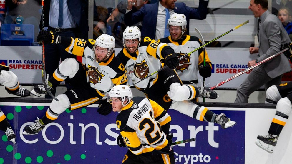 Hamilton Bulldogs' Mason McTavish (23) and teammates Mark Duarte and Ryan Humphrey jump over the boards after defeating the Shawinigan Cataractes following overtime period Memorial Cup hockey game action in Saint John, New Brunswick, Monday, June 27,
