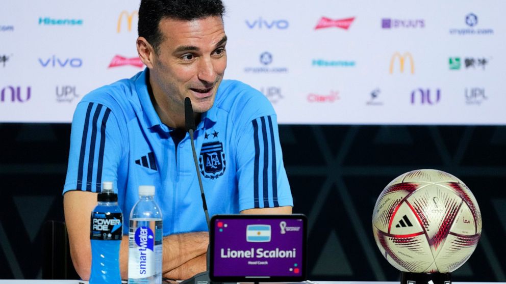 Argentina's head coach Lionel Scaloni attends a press conference ahead of the final soccer match between Argentina and France in Doha, Qatar, Saturday, Dec. 17, 2022. (AP Photo/Natacha Pisarenko)