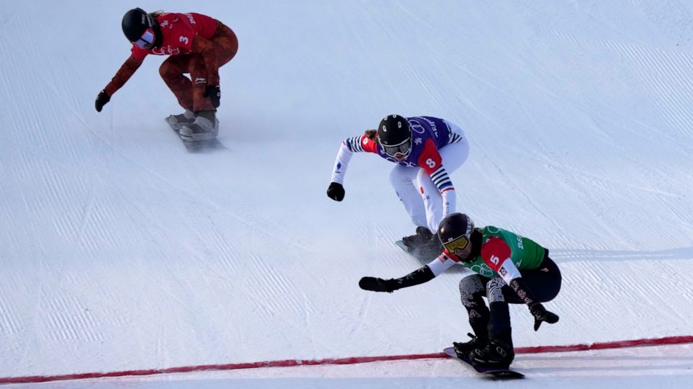 United States' Lindsey Jacobellis (5), followed by France's Chloe Trespeuch (8) and Canada's Meryeta O'Dine (3) crosses the finish line to win a gold medal during the women's cross final at the 2022 Winter Olympics, Wednesday, Feb. 9, 2022, in Zhangj