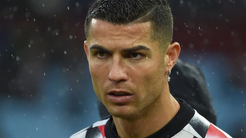 Manchester United's Cristiano Ronaldo stands on the pitch during warmup before the English Premier League soccer match between Aston Villa and Manchester United at Villa Park in Birmingham, England, Sunday, Nov. 6, 2022. (AP Photo/Rui Vieira)