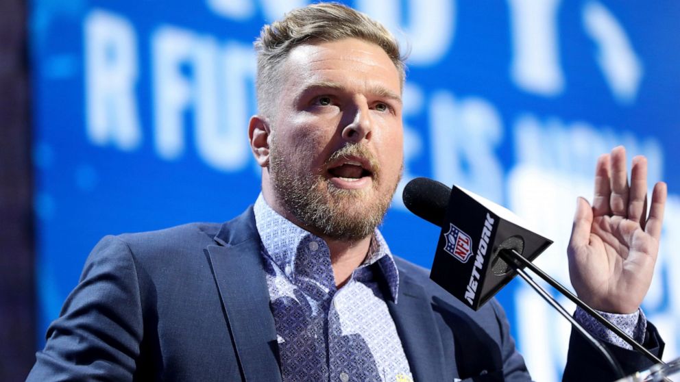 FILE - In this April 26, 2019, file photo, Former Indianapolis Colts player Pat McAfee announces the Colts' third round pick at the NFL football draft, in Nashville, Tenn. The former Indianapolis Colts punter had his talk show debut Monday morning, S