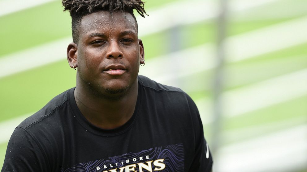 FILE -Baltimore Ravens rookie linebacker Jaylon Ferguson walks off the field after an NFL Football rookie camp, Saturday, May 4, 2019, in Owings Mills, Md. Ravens linebacker Jaylon Ferguson has died at age 26, his agent confirmed Wednesday, June 22, 