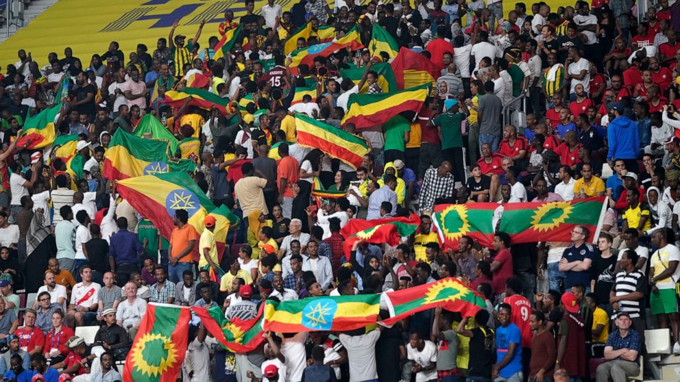 Spectators wave Ethiopian flags, top, and flags of the Oromo Liberation Front, bottom right, at the World Athletics Championships in Doha, Qatar, Monday, Sept. 30, 2019. (AP Photo/David J. Phillip)