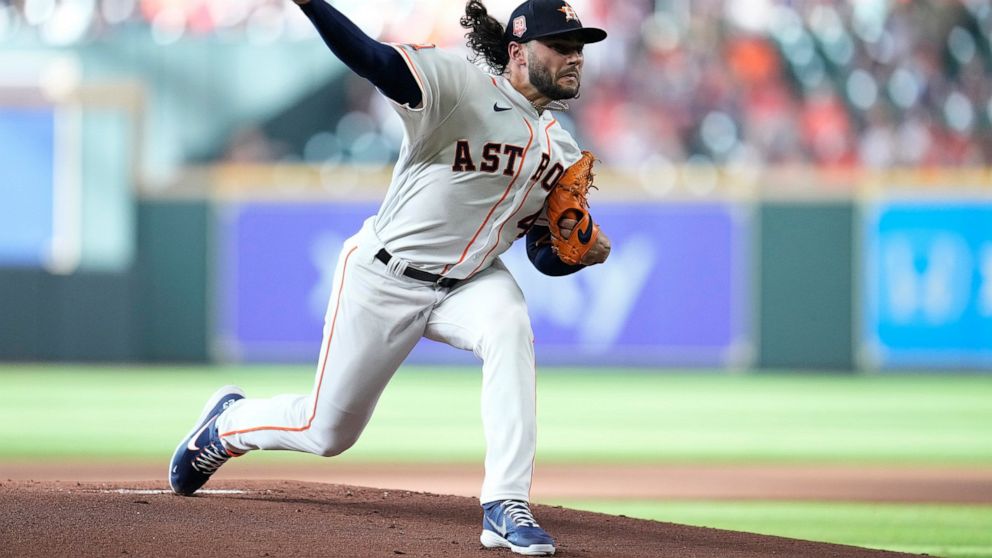 Houston Astros starting pitcher Lance McCullers Jr. delivers during the first inning of a baseball game against the Oakland Athletics, Saturday, Aug. 13, 2022, in Houston. (AP Photo/Kevin M. Cox)