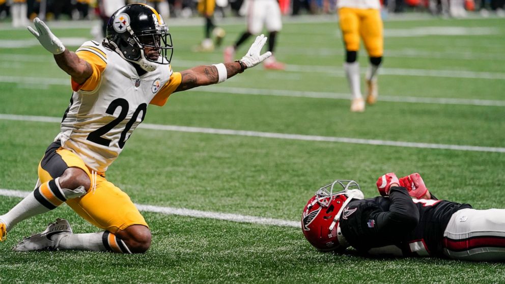 Pittsburgh Steelers cornerback Cameron Sutton (20) reacts to an incomplete pass in the end zone against the Atlanta Falcons during the first half of an NFL football game, Sunday, Dec. 4, 2022, in Atlanta. (AP Photo/Brynn Anderson)