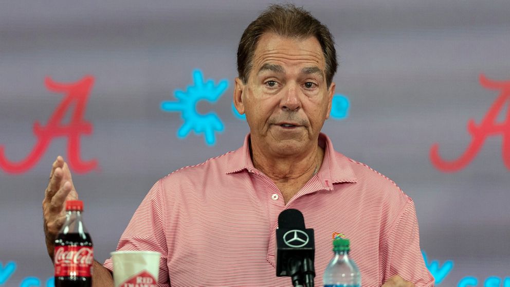 FILE - Alabama head coach Nick Saban speaks with the media during NCAA college football media day on Aug. 7, 2022, in Tuscaloosa, Ala. It's championship or bust for Nick Saban and Alabama, with no pretensions otherwise. (AP Photo/Vasha Hunt, File)