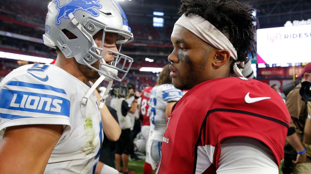 Arizona Cardinals quarterback Kyler Murray, right, greets Detroit Lions quarterback Matthew Stafford after an NFL football game against the Detroit Lions, Sunday, Sept. 8, 2019, in Glendale, Ariz. The Lions and Cardinals played to a 27-27 tie on over