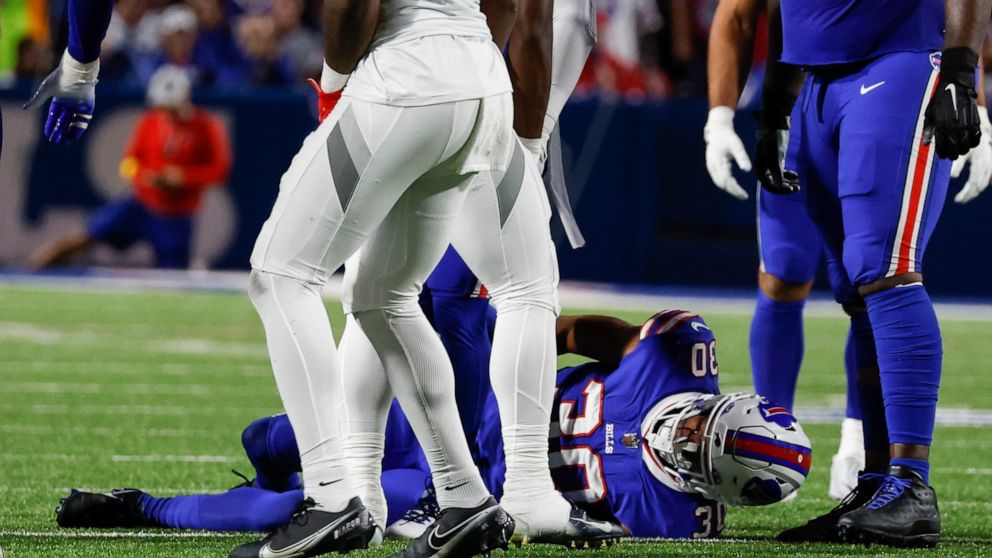 Buffalo Bills cornerback Dane Jackson (30) reacts after an injury during the first half of an NFL football game against the Tennessee Titans, Monday, Sept. 19, 2022, in Orchard Park, N.Y. (AP Photo/Jeffrey T. Barnes)