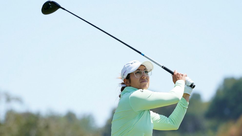 Marina Alex tees off at the fourth tee during the final round of the LPGA's Palos Verdes Championship golf tournament on Sunday, May 1, 2022, in Palos Verdes Estates, Calif. (AP Photo/Ashley Landis)
