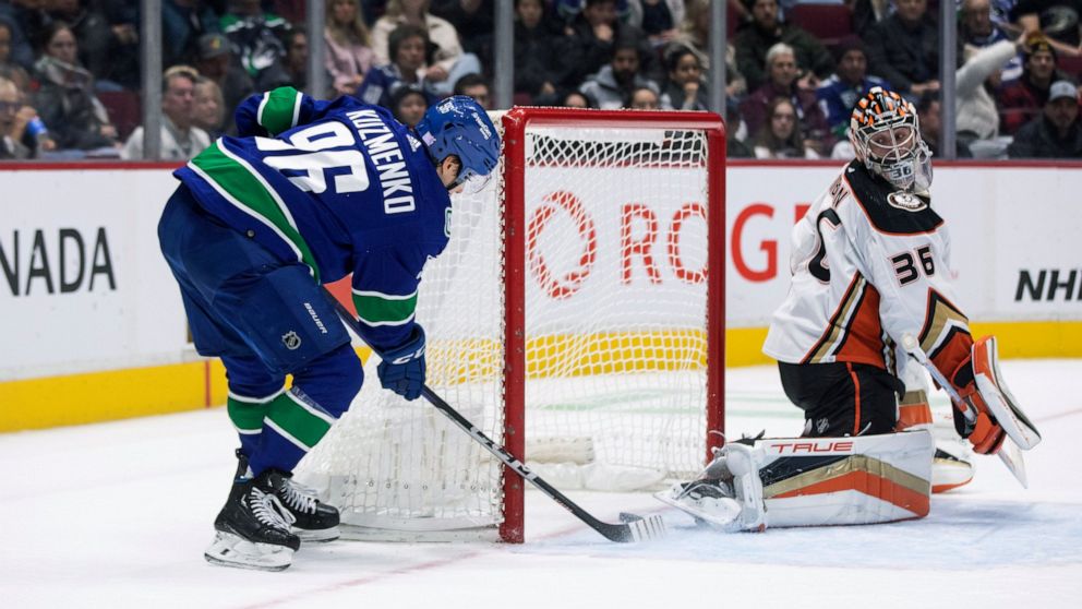 Vancouver Canucks' Andrei Kuzmenko (96) scores a goal against Anaheim Ducks goalie John Gibson (36) during the third period of an NHL hockey game Thursday, Nov. 3, 2022, in Vancouver, British Columbia. (Ben Nelms/The Canadian Press via AP)