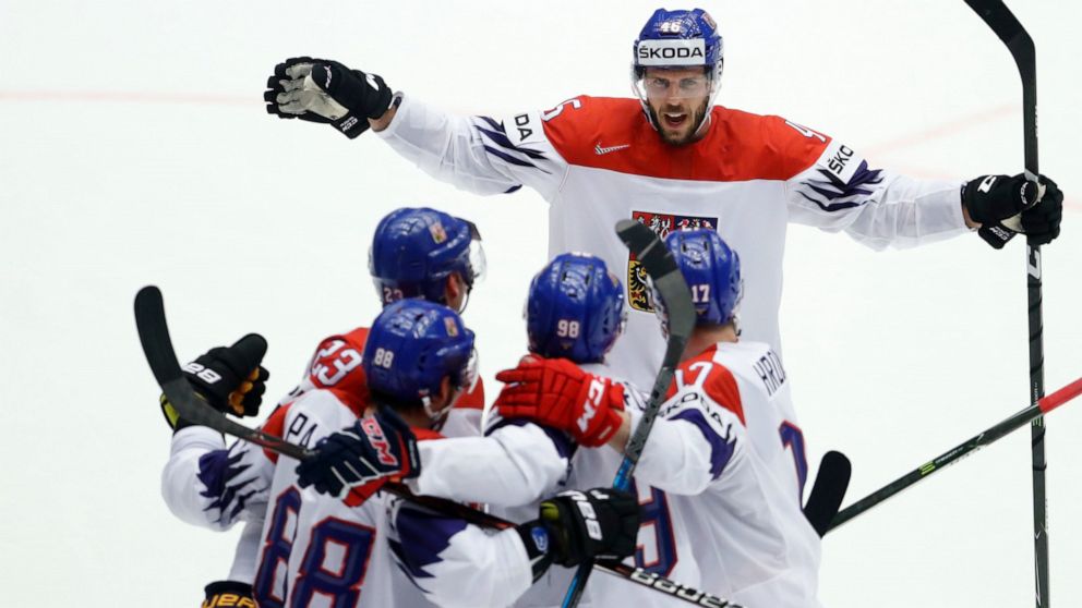 FILE- Czech Republic's David Krejci, back, and teammates celebrate a goal during the Ice Hockey World Championships quarterfinal match between the United States and Czech Republic at the Jyske Bank Boxen arena in Herning, Denmark, Thursday, May 17, 2